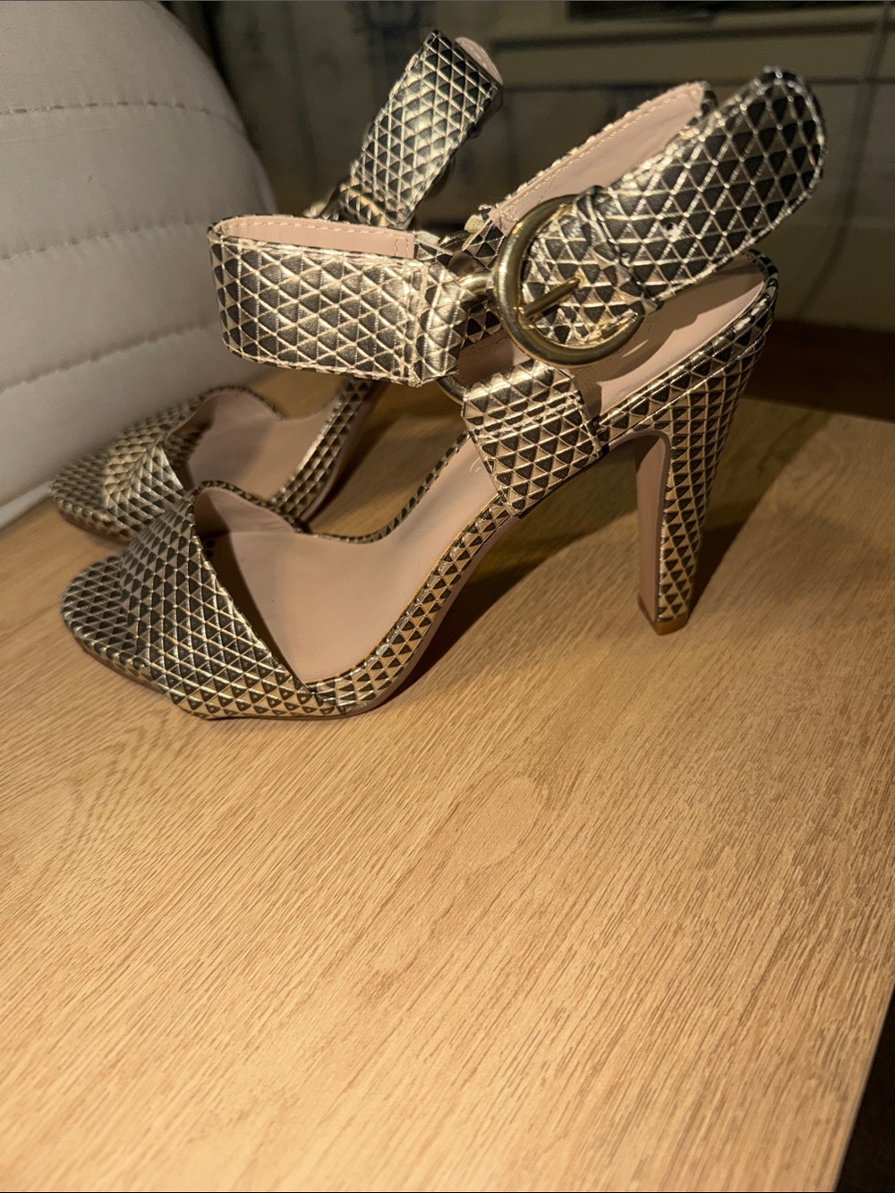 Karl Lagerfeld Metallic Gold Quilted Block Heel Sandals